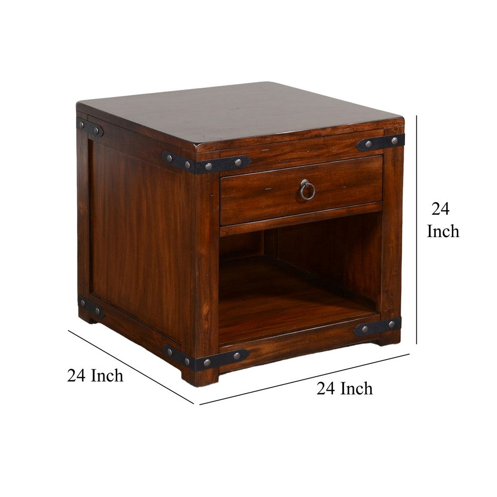 Odel Side End Table, Drawer, Dark Brown Mahogany Wood, Metal, 24 Inch