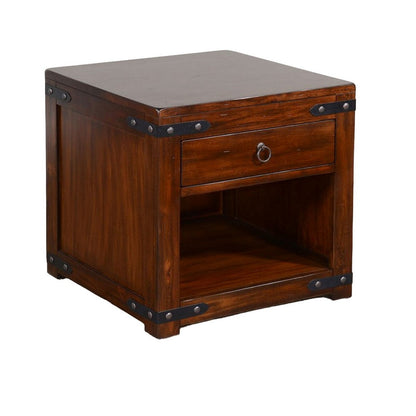 Odel Side End Table, Drawer, Dark Brown Mahogany Wood, Metal, 24 Inch