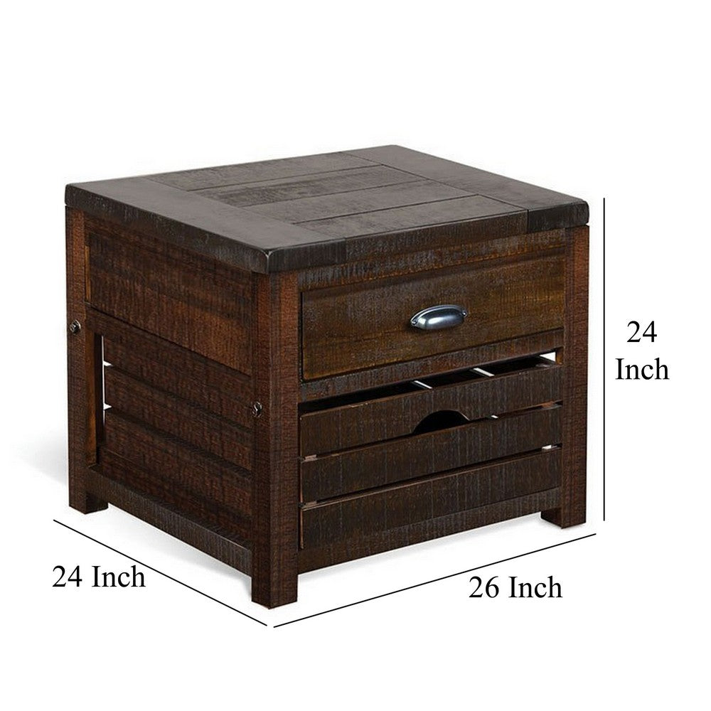 Flint End Table, 1 Drawer, 1 Crate, Dark Brown Mahogany Wood, 26 Inch