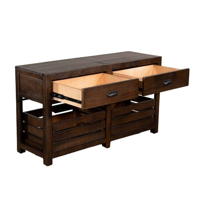 Flint Sofa Table, 2 Drawers, Crates, Dark Brown Mahogany Wood, 50 Inch