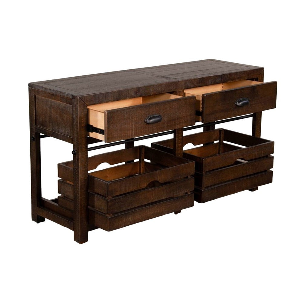 Flint Sofa Table, 2 Drawers, Crates, Dark Brown Mahogany Wood, 50 Inch