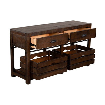 Flint Sofa Table, 2 Drawers, Crates, Dark Brown Mahogany Wood, 50 Inch