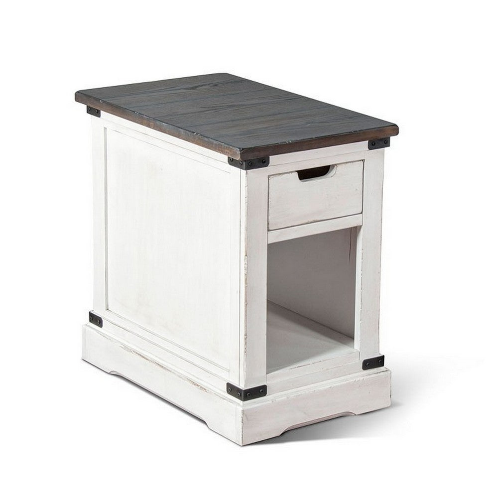 Laibi Side Table, French Country White, Brown Mahogany Wood, 26x16 Top