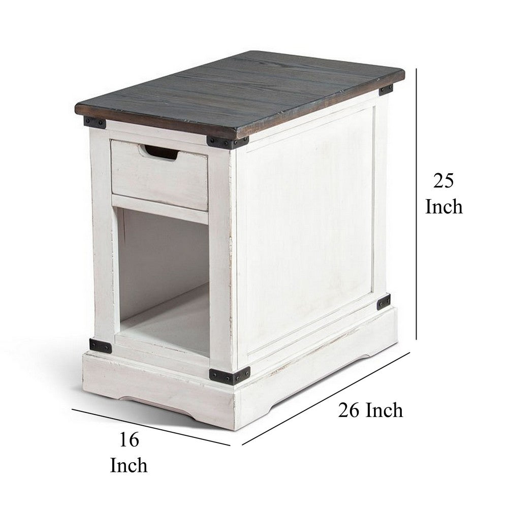 Laibi Side Table, French Country White, Brown Mahogany Wood, 26x16 Top