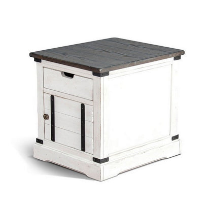 Laibi Side Table, French Country White, Brown Mahogany Wood, 26x22 Top