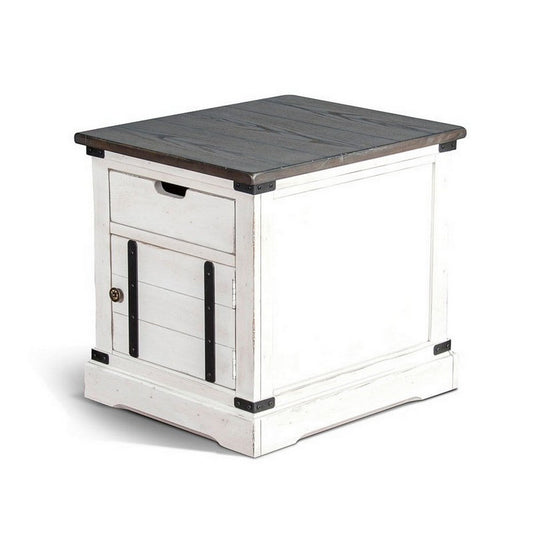 Laibi Side Table, French Country White, Brown Mahogany Wood, 26x22 Top