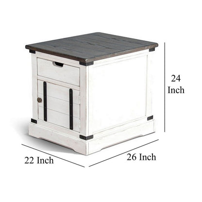 Laibi Side Table, French Country White, Brown Mahogany Wood, 26x22 Top