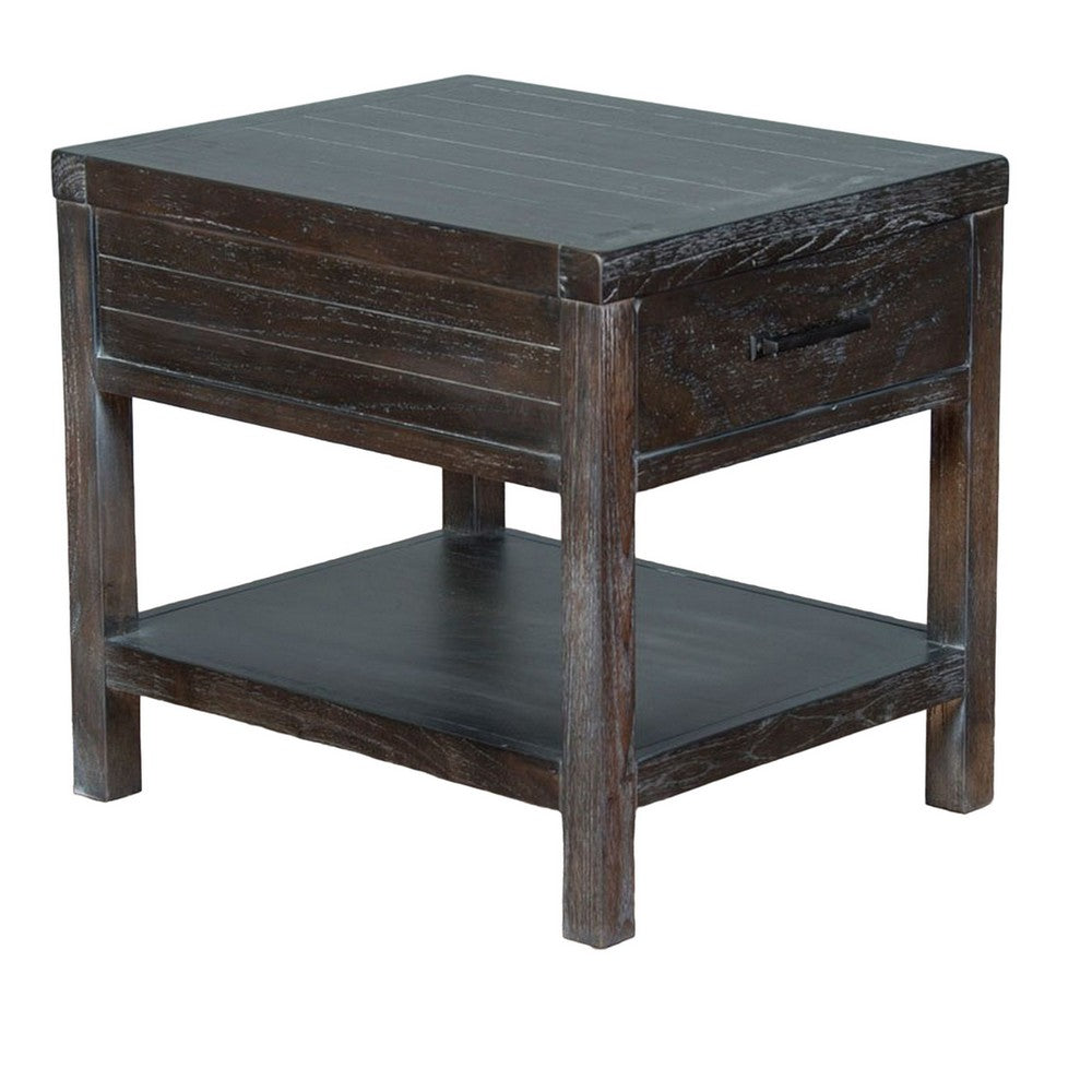 Nikay Side End Table, 1 Drawer, Shelf, Dark Brown Mindi Wood, 26 Inch