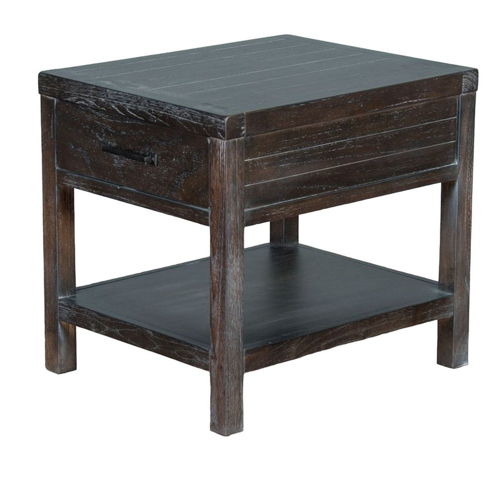 Nikay Side End Table, 1 Drawer, Shelf, Dark Brown Mindi Wood, 26 Inch