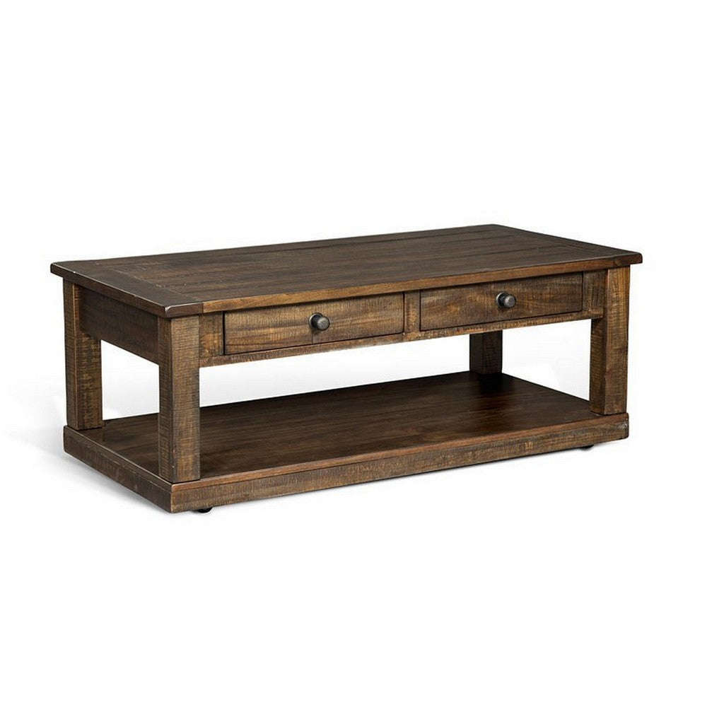 Flint Coffee Table, 2 Drawers, Shelf, Dark Brown Mahogany, 48 Inch