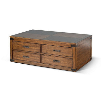 Zinia Coffee Table, 4 Drawers, Plinth Medium Brown Mindi Wood, 50 Inch