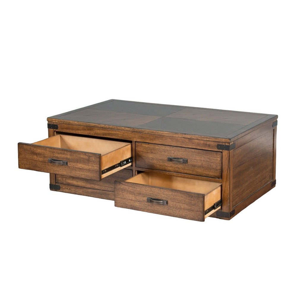 Zinia Coffee Table, 4 Drawers, Plinth Medium Brown Mindi Wood, 50 Inch