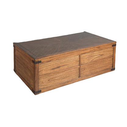 Zinia Coffee Table, 4 Drawers, Plinth Medium Brown Mindi Wood, 50 Inch