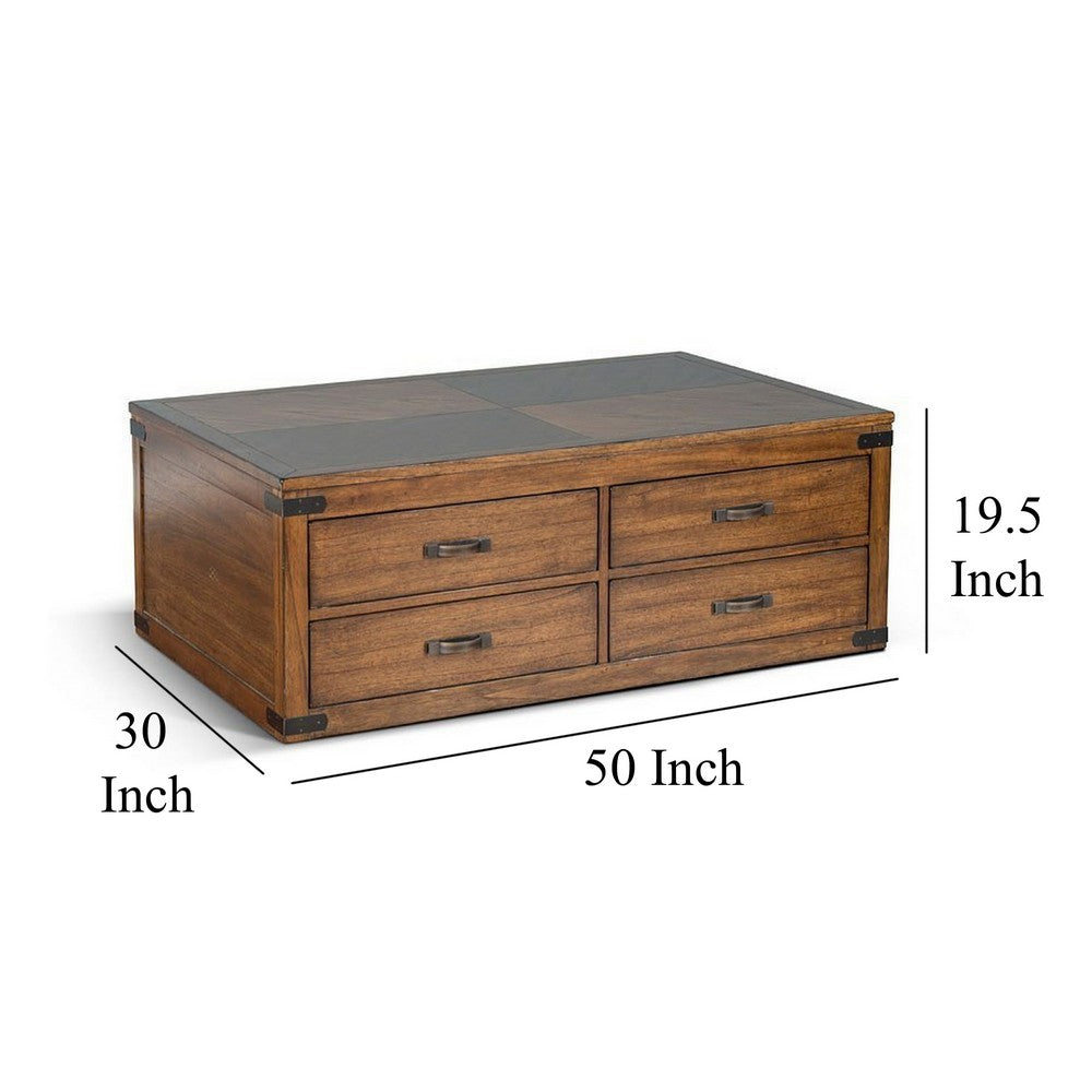 Zinia Coffee Table, 4 Drawers, Plinth Medium Brown Mindi Wood, 50 Inch