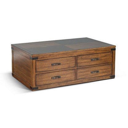 Zinia Coffee Table, 4 Drawers, Plinth Medium Brown Mindi Wood, 50 Inch
