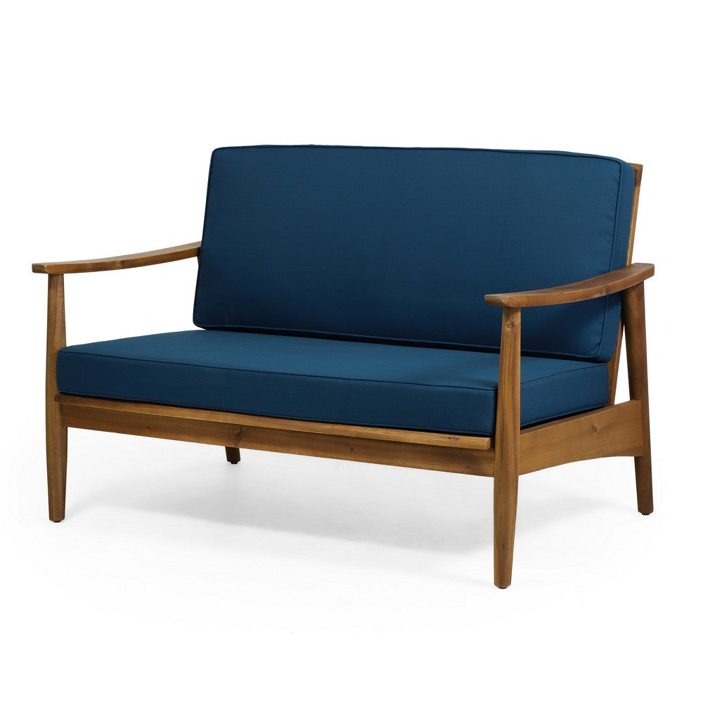 2pc Outdoor Loveseat and Table Set, Teal Cushions, Brown Wood Frame