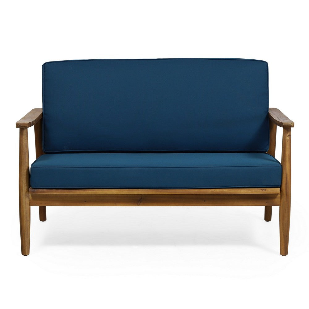 2pc Outdoor Loveseat and Table Set, Teal Cushions, Brown Wood Frame