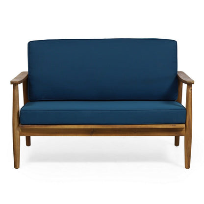 2pc Outdoor Loveseat and Table Set, Teal Cushions, Brown Wood Frame