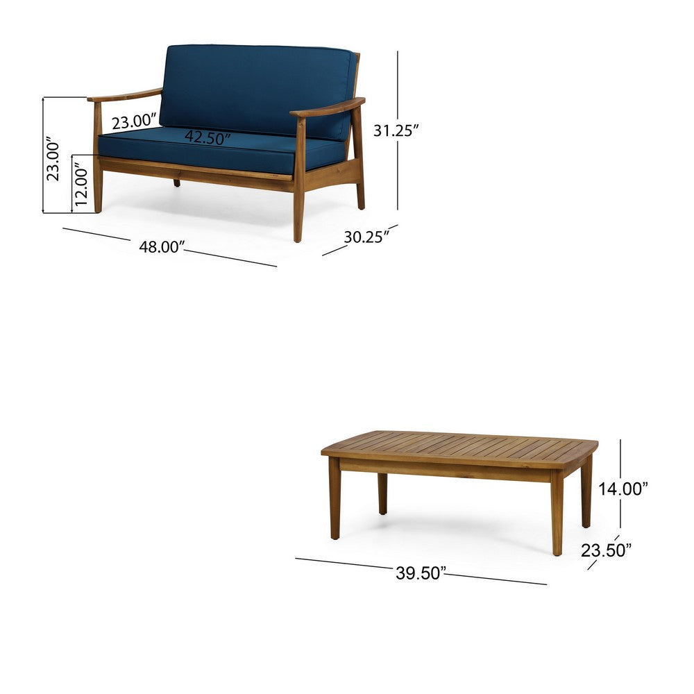 2pc Outdoor Loveseat and Table Set, Teal Cushions, Brown Wood Frame