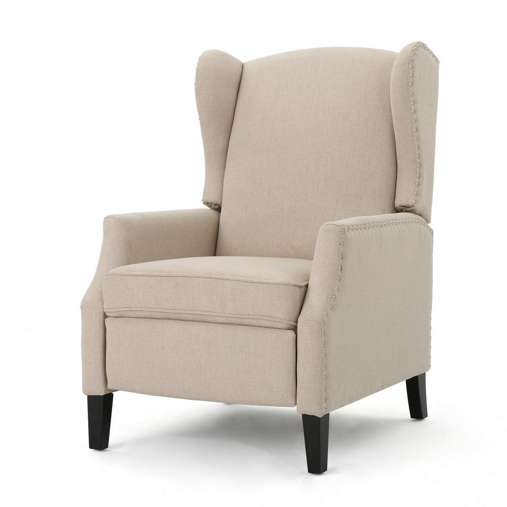 Nora Manual Recliner Lounge Chair, Wingback, Nailhead Trim, Beige