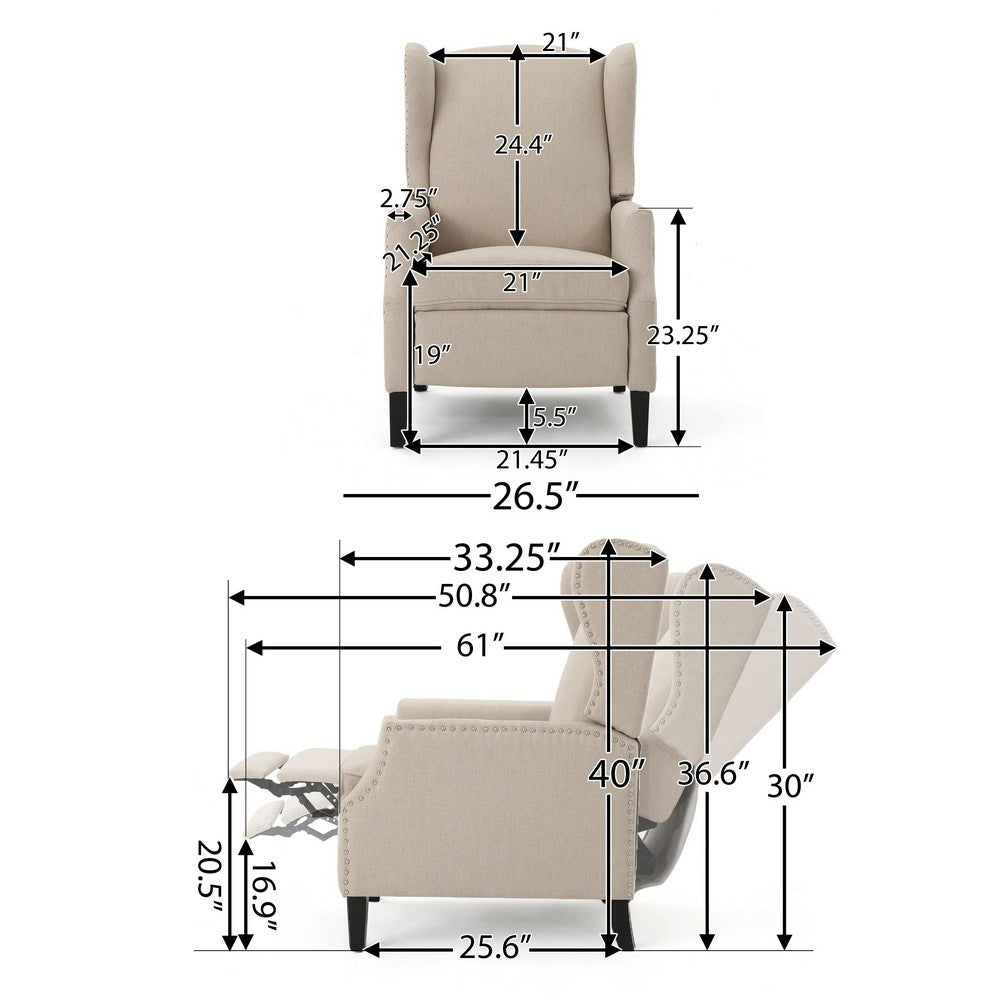 Nora Manual Recliner Lounge Chair, Wingback, Nailhead Trim, Beige