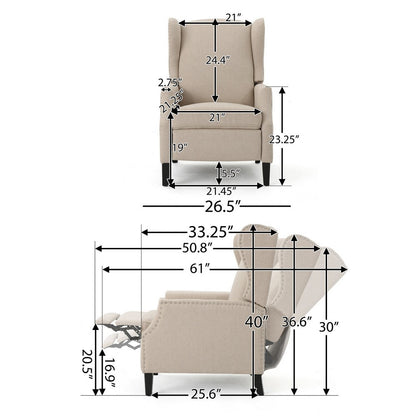 Nora Manual Recliner Lounge Chair, Wingback, Nailhead Trim, Beige