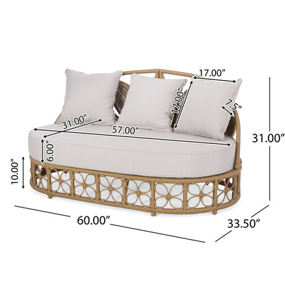 Outdoor Sofa Daybed, PE Rattan Woven Frame, Cushions, Natural Brown