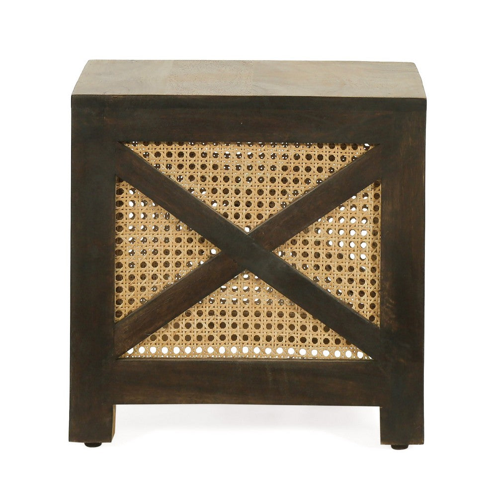 Accent Ottoman Table, 16 Inch Square, Boho Style, Cane Wicker