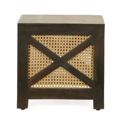 Accent Ottoman Table, 16 Inch Square, Boho Style, Cane Wicker
