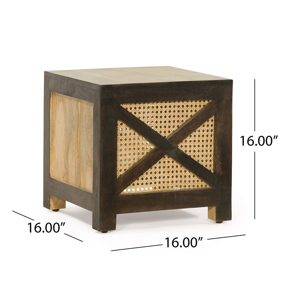 Accent Ottoman Table, 16 Inch Square, Boho Style, Cane Wicker