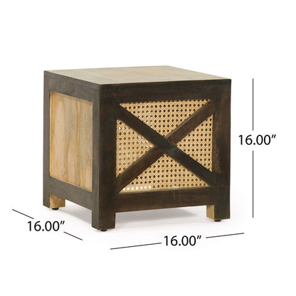 Accent Ottoman Table, 16 Inch Square, Boho Style, Cane Wicker
