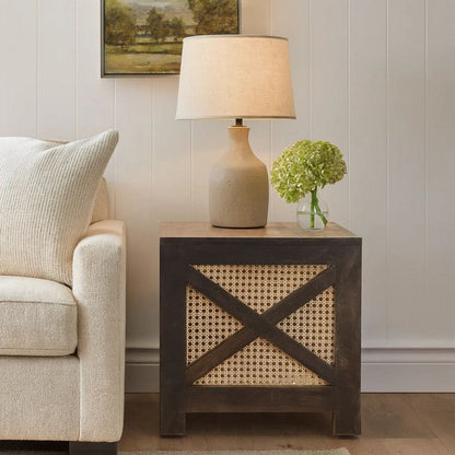 Accent Ottoman Table, 16 Inch Square, Boho Style, Cane Wicker