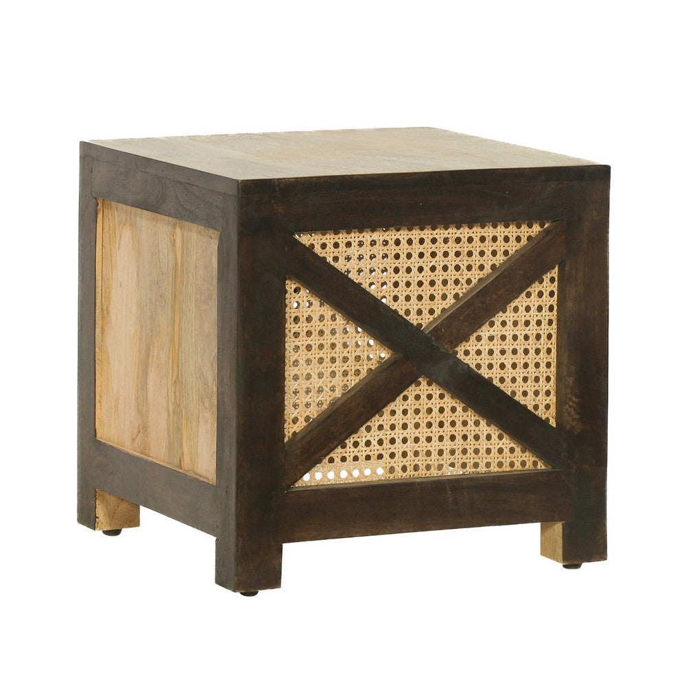 Accent Ottoman Table, 16 Inch Square, Boho Style, Cane Wicker