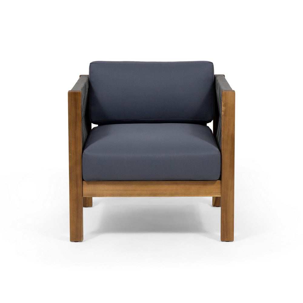 Club Lounge Chair, Woven Rattan Rope, Brown Acacia Wood, Gray Fabric