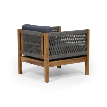 Club Lounge Chair, Woven Rattan Rope, Brown Acacia Wood, Gray Fabric