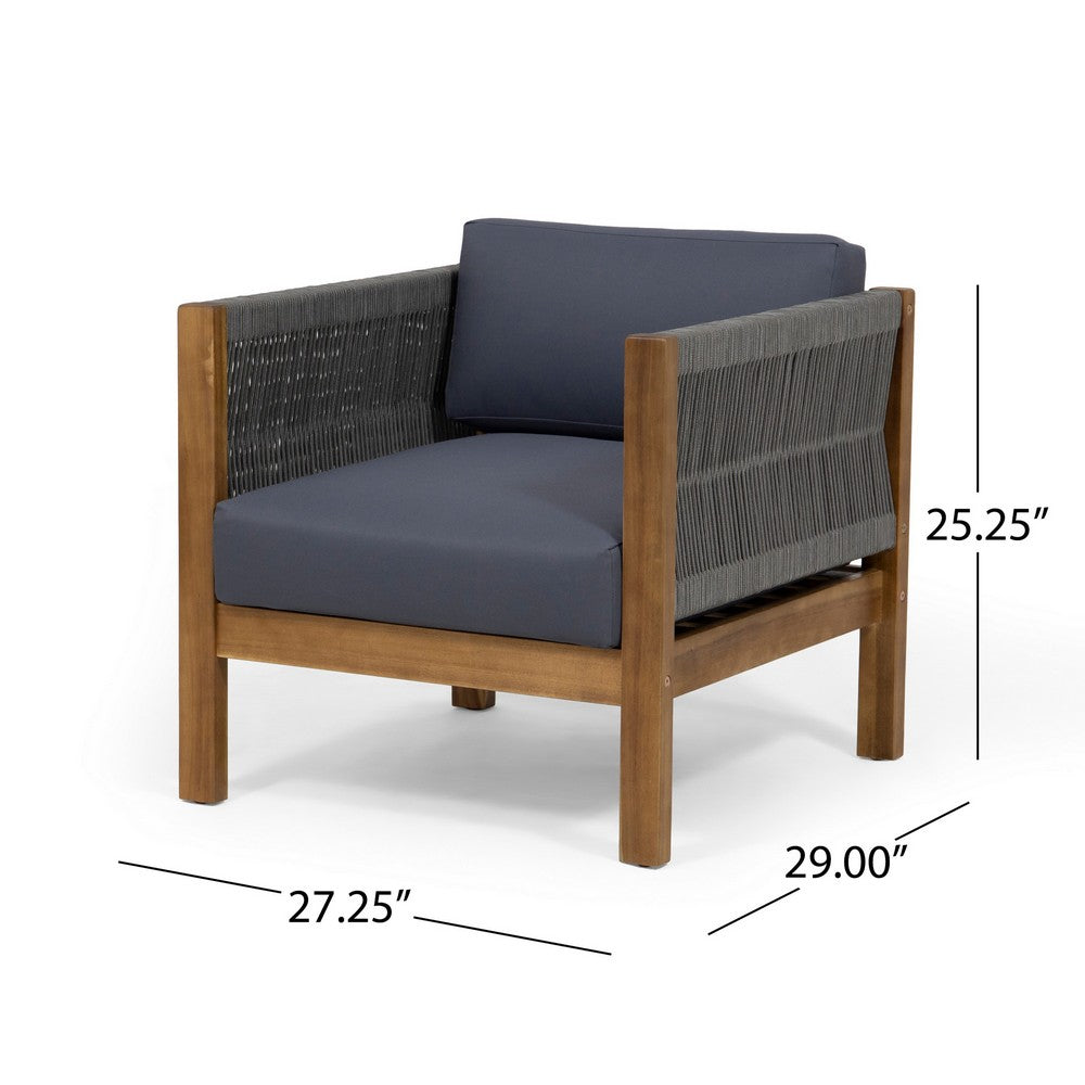 Club Lounge Chair, Woven Rattan Rope, Brown Acacia Wood, Gray Fabric