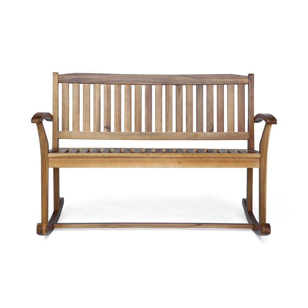 Outdoor Rocking Loveseat Bench, 50 Inch, Natural Brown Acacia Wood