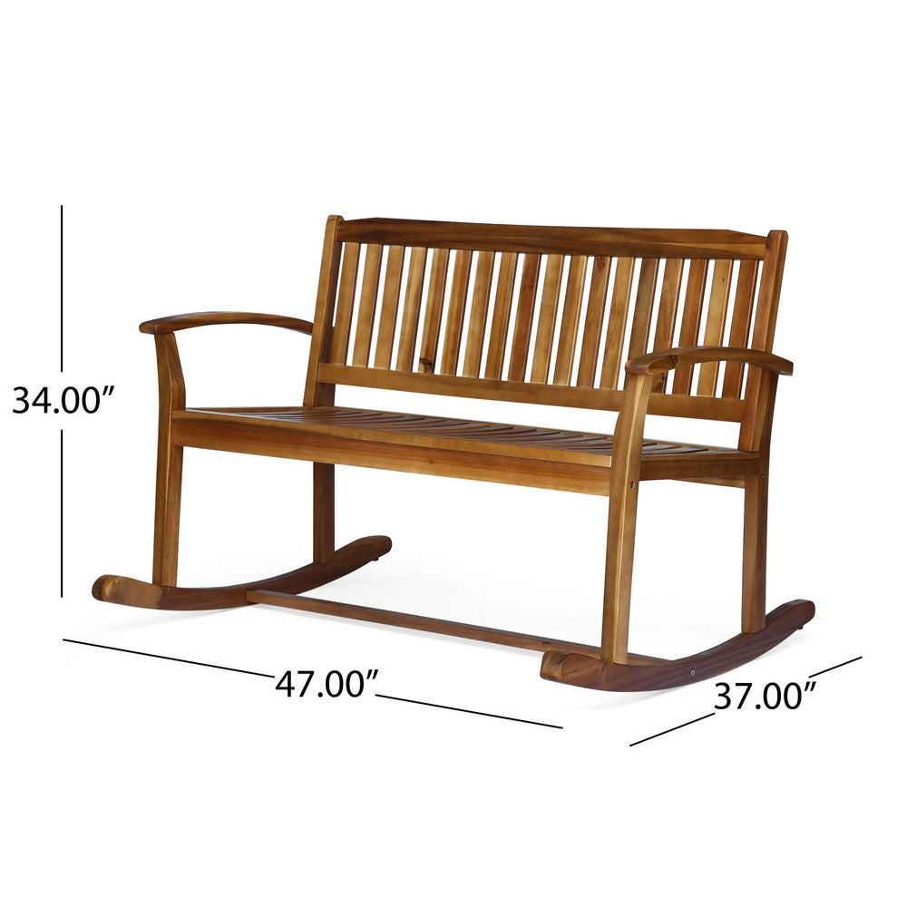 Outdoor Rocking Loveseat Bench, 50 Inch, Natural Brown Acacia Wood