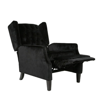 Octa Manual Recliner Chair, Button Tufted Wingback Design Black Velvet