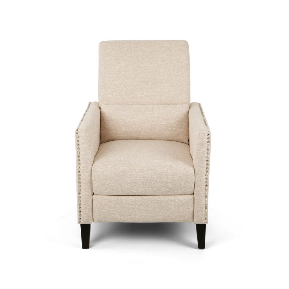 Push Back Manual Recliner Chair, Nailhead Trim Accent, Beige Fabric