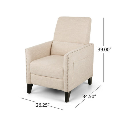 Push Back Manual Recliner Chair, Nailhead Trim Accent, Beige Fabric