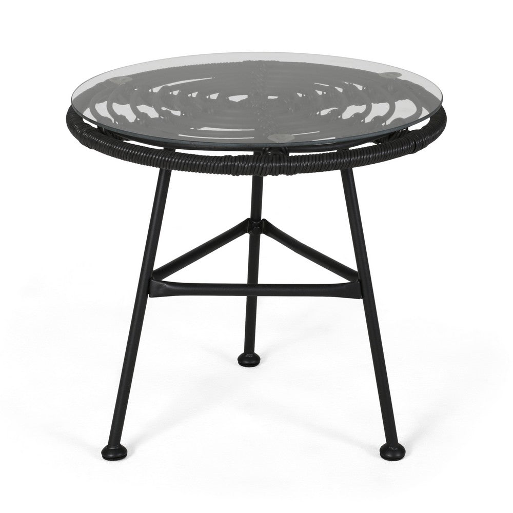 Tee Outdoor Side End Table, 20 Inch Rattan Weave with Glass Top, Gray