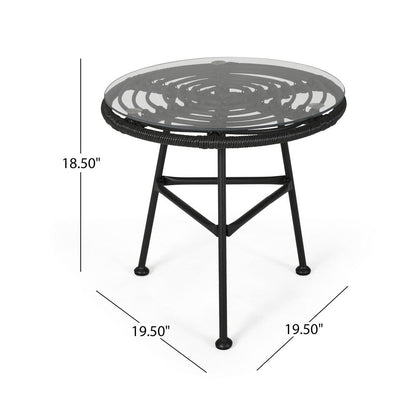 Tee Outdoor Side End Table, 20 Inch Rattan Weave with Glass Top, Gray