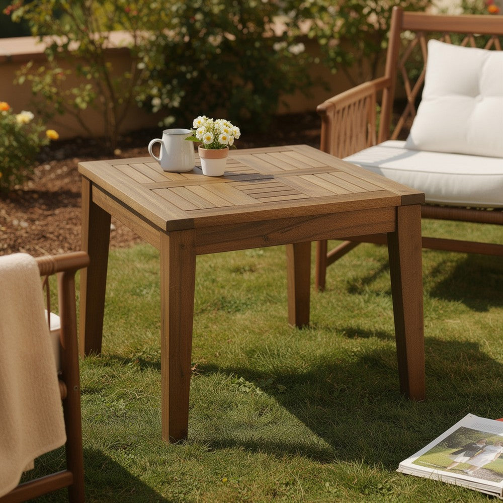 Bops Outdoor Side End Table, 20 Inch Square, Natural Brown Acacia Wood