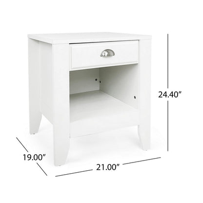 Crown Bedside Table Nightstand, 21 Inch w Drawer n Shelf, White MDF