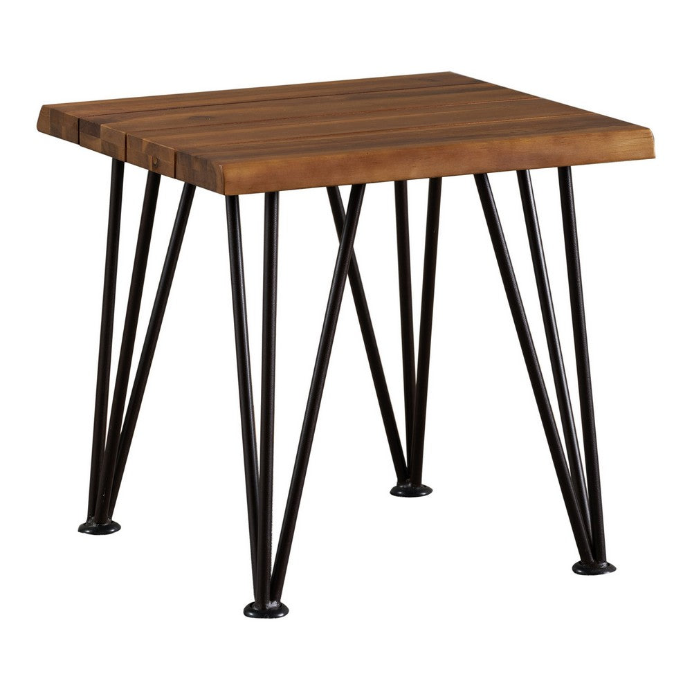Zion Outdoor Accent Table, 18 Inch Square, Hairpin Legs, Brown Wood