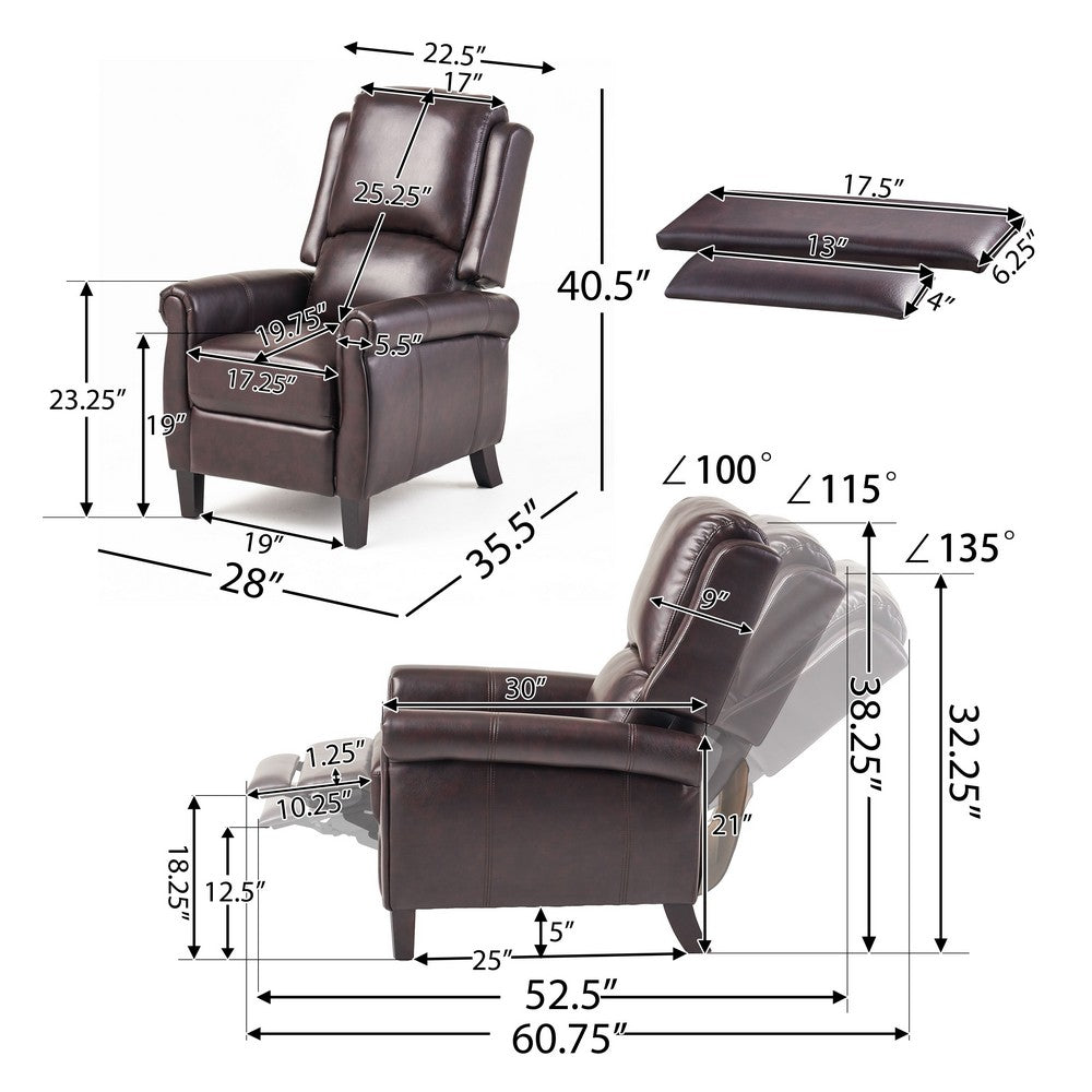 Manual Recliner Lounge Chair, Burgundy Brown Faux Leather Upholstery
