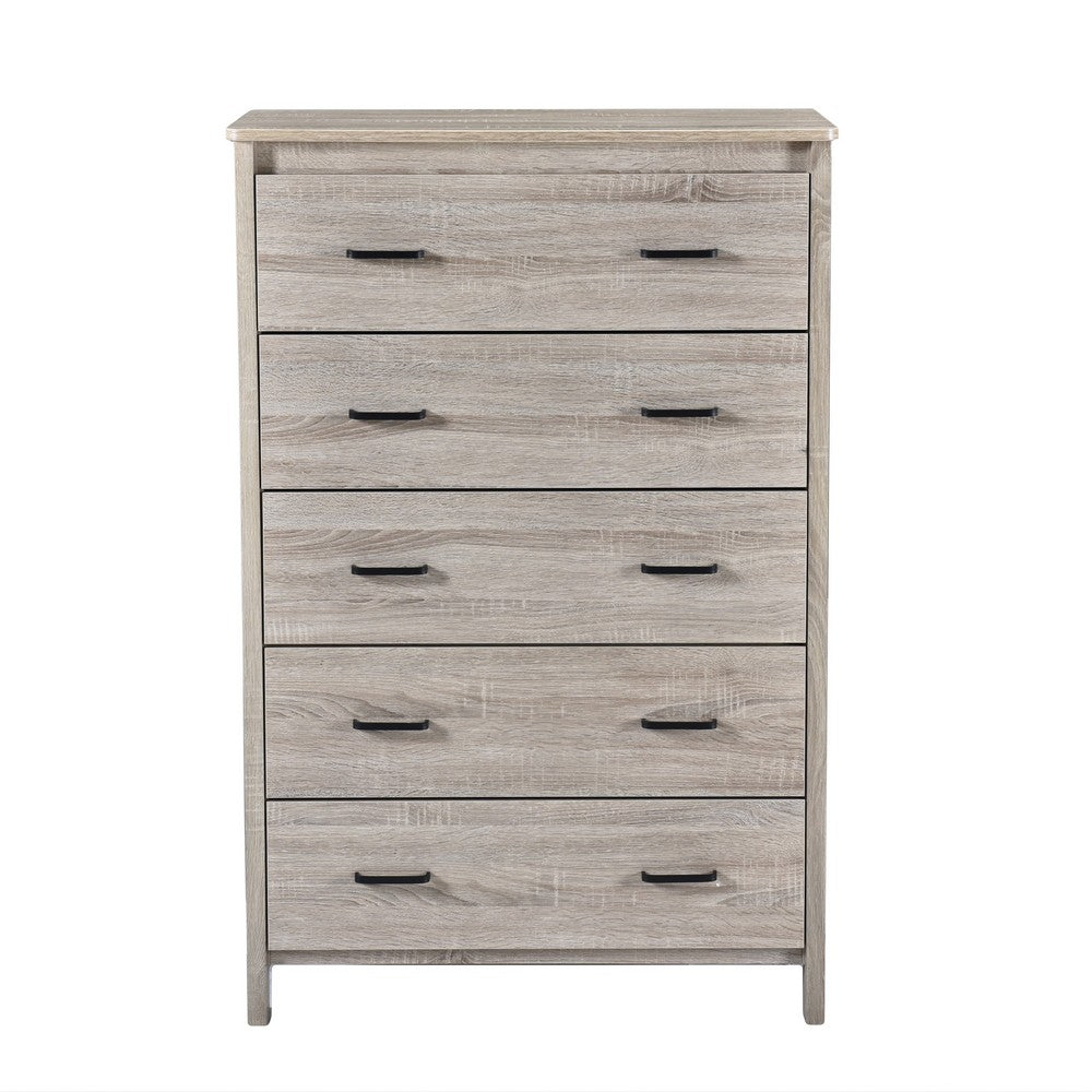 Sifa Tall Dresser Chest, 5 Drawers, Rustic Oak Gray MDF, Black Handles