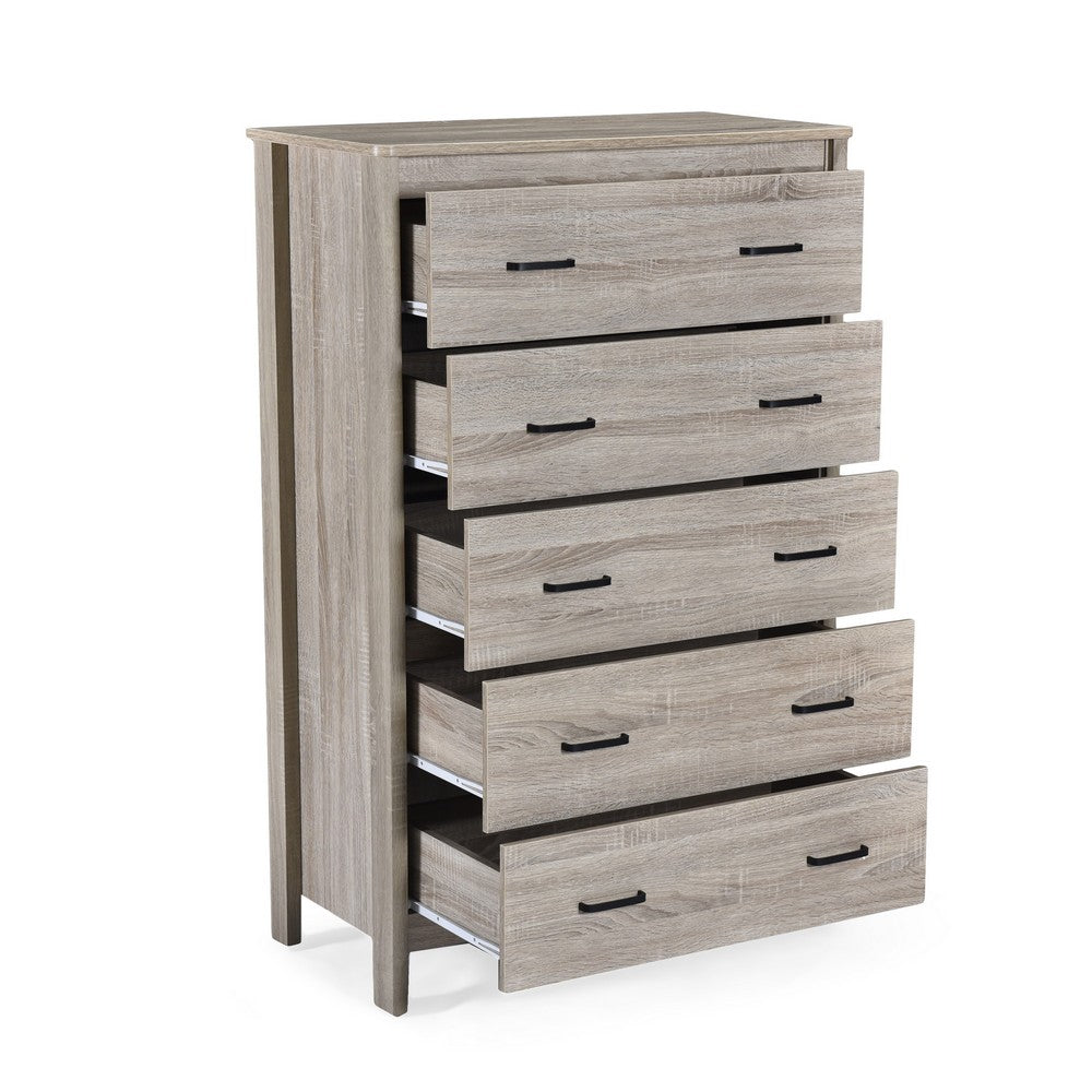 Sifa Tall Dresser Chest, 5 Drawers, Rustic Oak Gray MDF, Black Handles