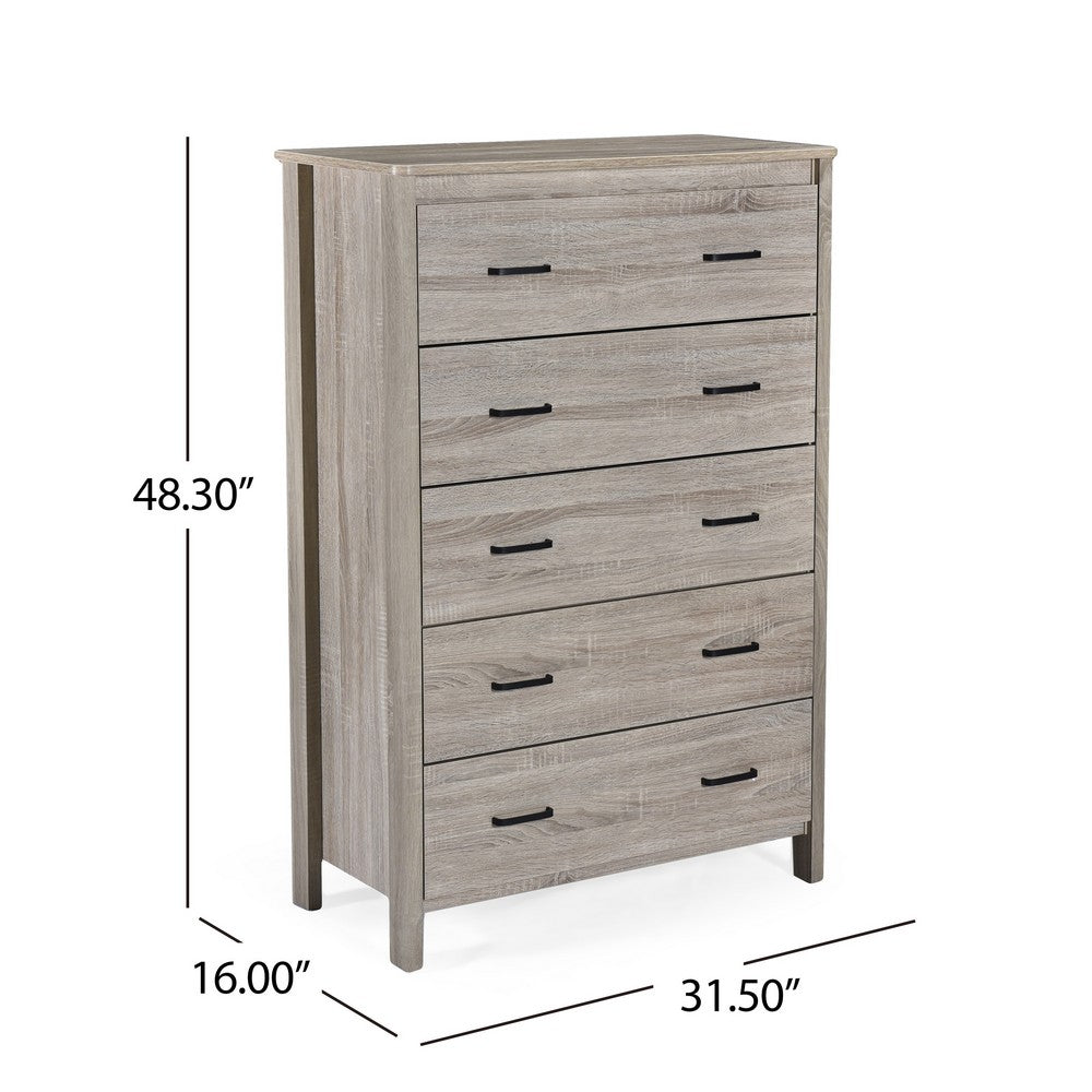Sifa Tall Dresser Chest, 5 Drawers, Rustic Oak Gray MDF, Black Handles
